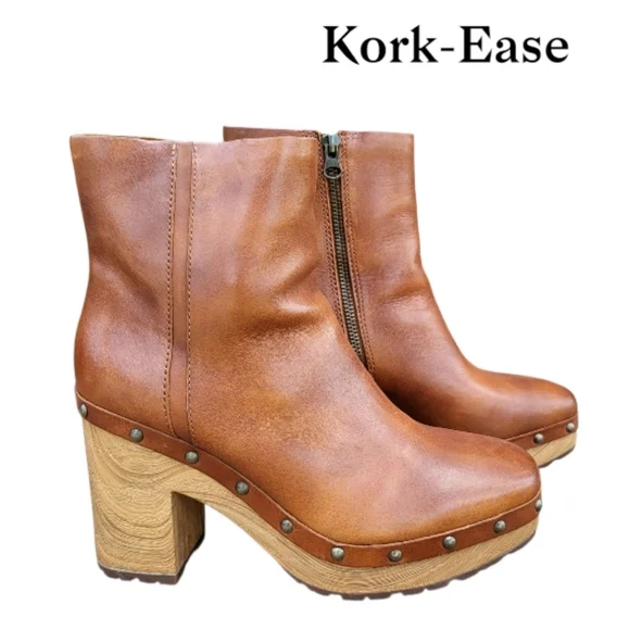 Kork Ease Deegan Brown Leather Platform Stud High Wood Heel Ankle Boot Women 8 - Picture 2 of 12